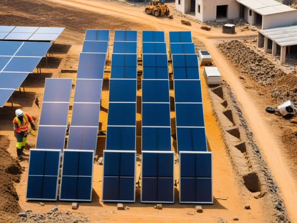 En medio de la destrucción, trabajadores instalan paneles solares en zonas afectadas, simbolizando esperanza y resiliencia