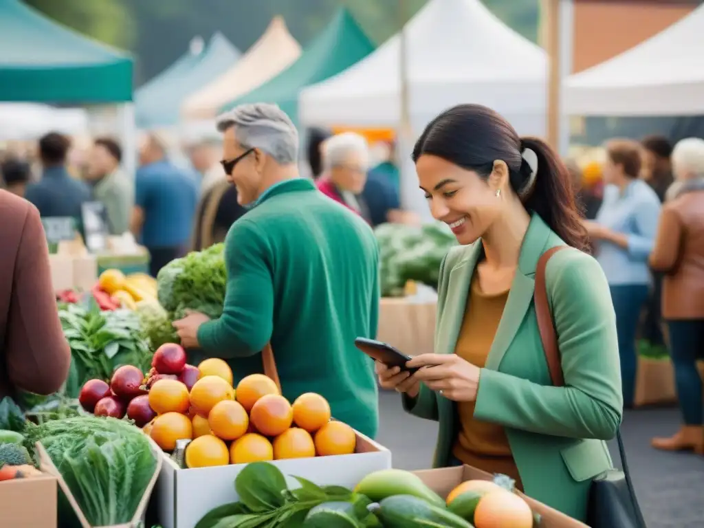 Un mercado agrícola animado con productos locales, artesanías y artículos ecofriendly