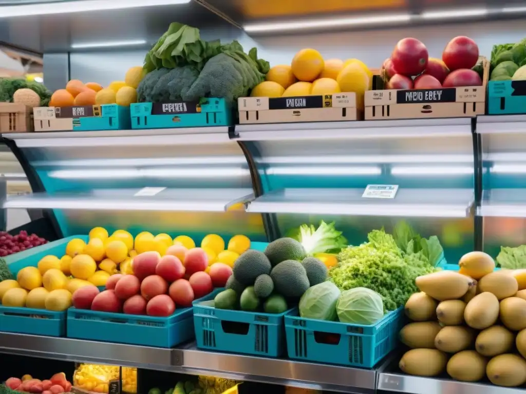 Un mercado bullicioso con una moderna refrigeración sostenible para alimentos frescos, frutas y verduras coloridas y frescas en exhibición