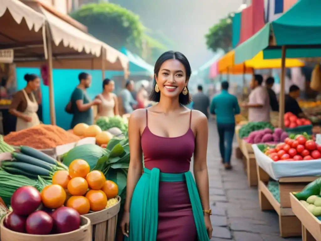 Mercado callejero vibrante en una bulliciosa ciudad de América Latina, con productos frescos coloridos, artesanías y prácticas sostenibles