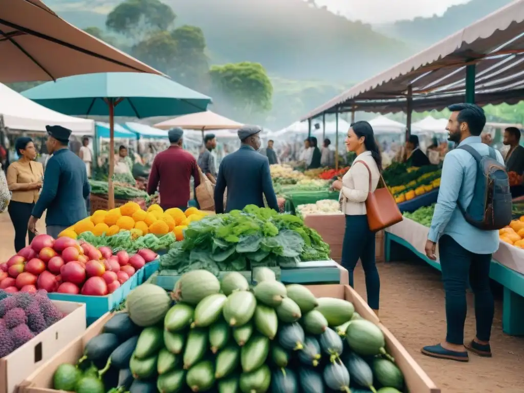 Un mercado comunitario sostenible lleno de coloridas paradas vendiendo productos locales