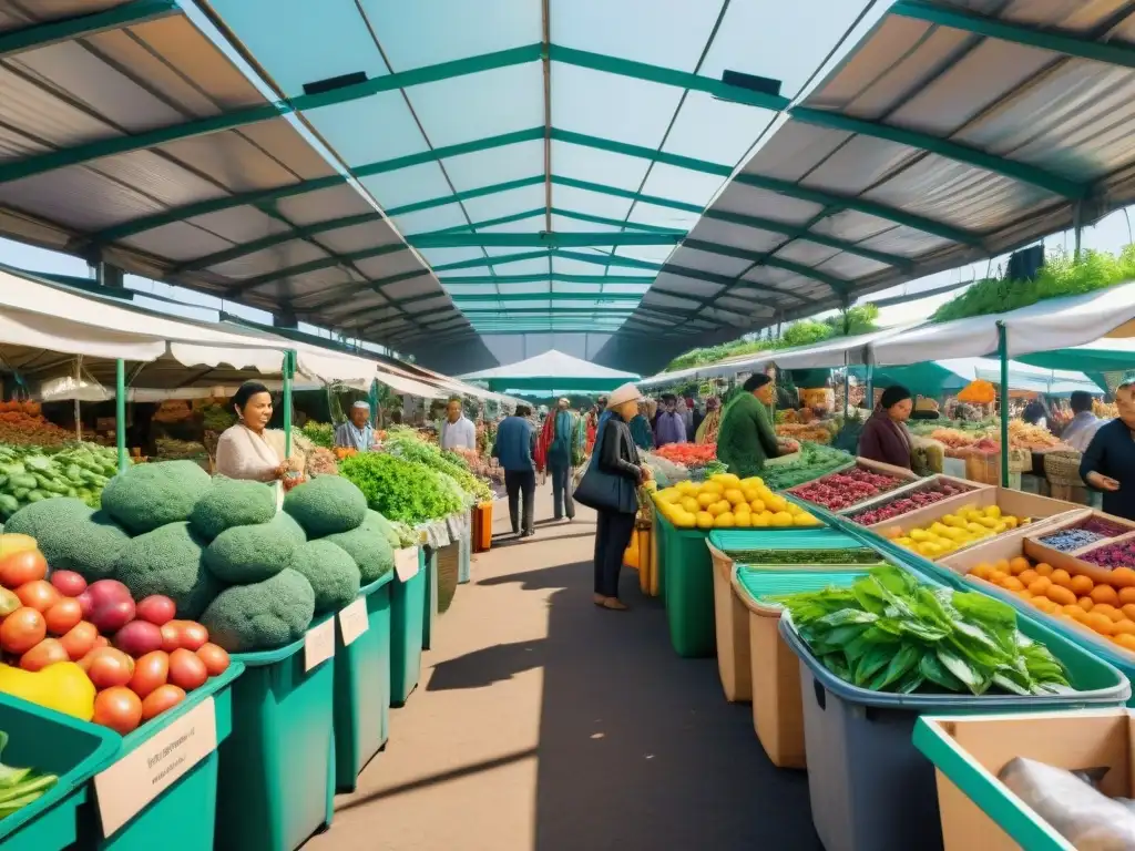 Un mercado comunitario sostenible rebosante de productos frescos y artesanías, con una atmósfera vibrante y ecológica