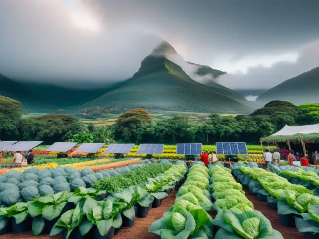 Un mercado comunitario sostenible rebosante de vida y color, donde se minimiza la huella ambiental