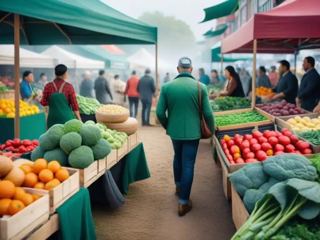 Un mercado ecológico con puestos de productos orgánicos, clientes comprometidos y marcas sostenibles