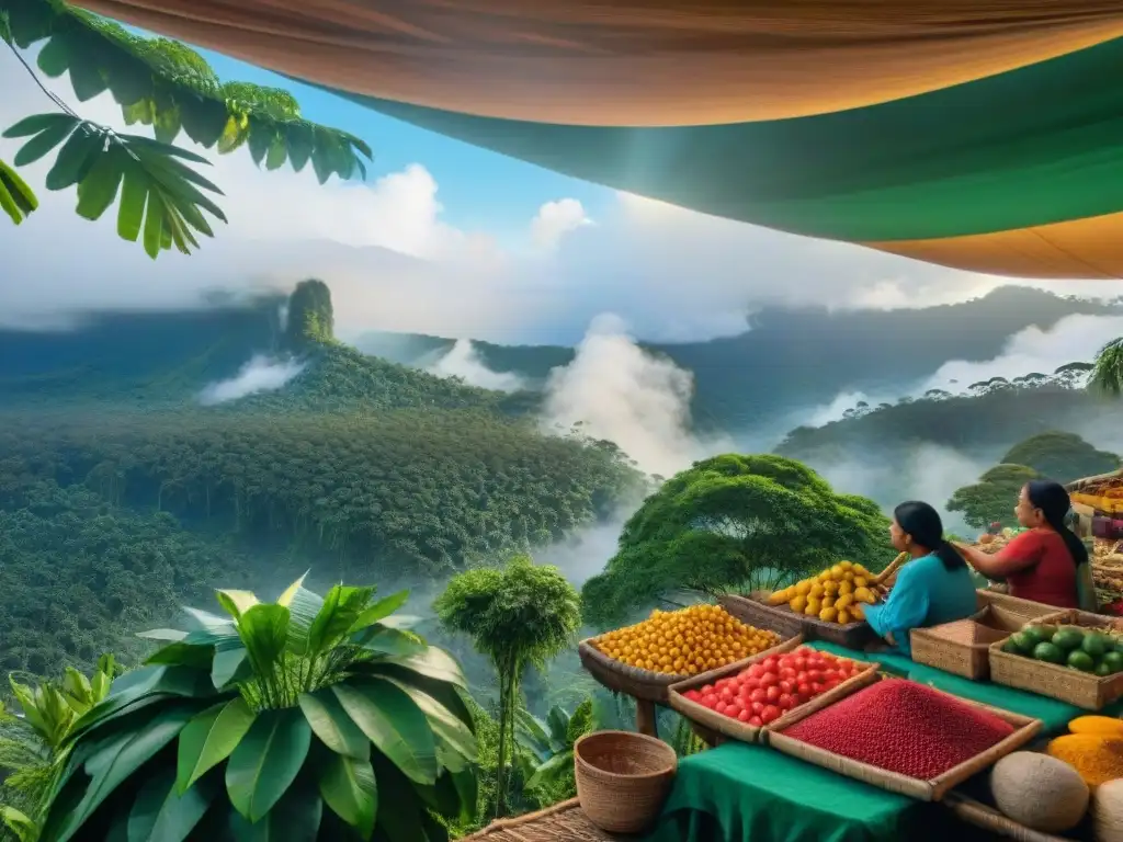 Mercado indígena vibrante en la selva amazónica, lleno de coloridas artesanías y frutas exóticas