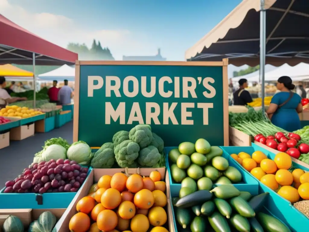 Mercado sostenible: colores y frescura en comunidad Un mercado agrícola sostenible, lleno de frutas y verduras frescas
