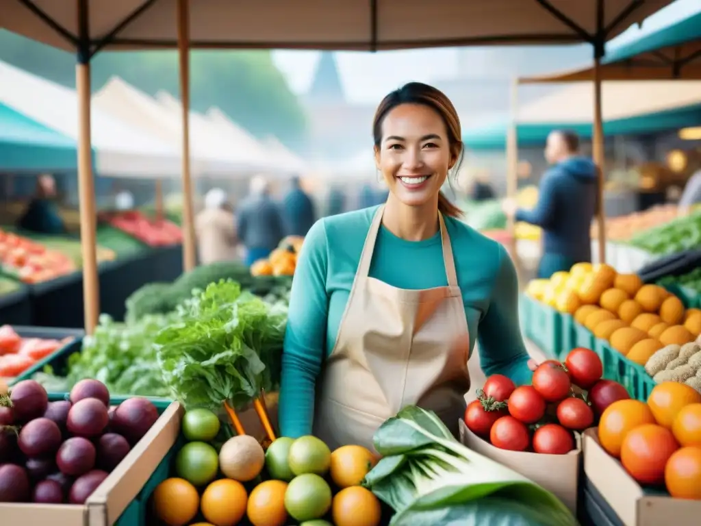 Un mercado agrícola sostenible rebosante de frutas y verduras orgánicas, con clientes conscientes del medio ambiente y vendedores sonrientes