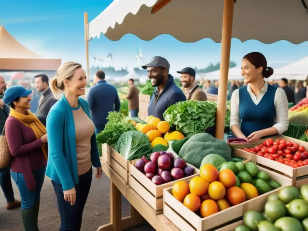 Un mercado verde con marcas sostenibles, donde agricultores locales ofrecen productos orgánicos en un ambiente vibrante y acogedor