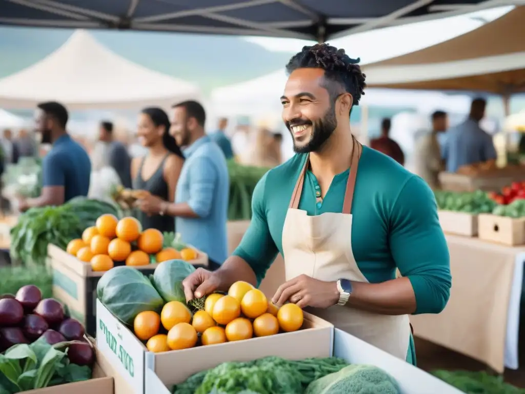 Un mercado agrícola vibrante y concurrido en una comunidad sostenible, lleno de coloridos puestos con productos frescos y vendedores diversos interactuando con clientes sonrientes