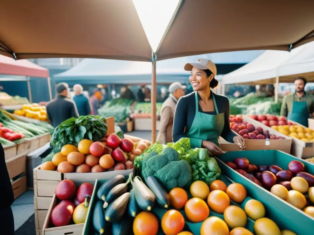 Un mercado agrícola vibrante y concurrido con productos frescos y coloridos, donde se destaca el Marketing de contenidos sostenible