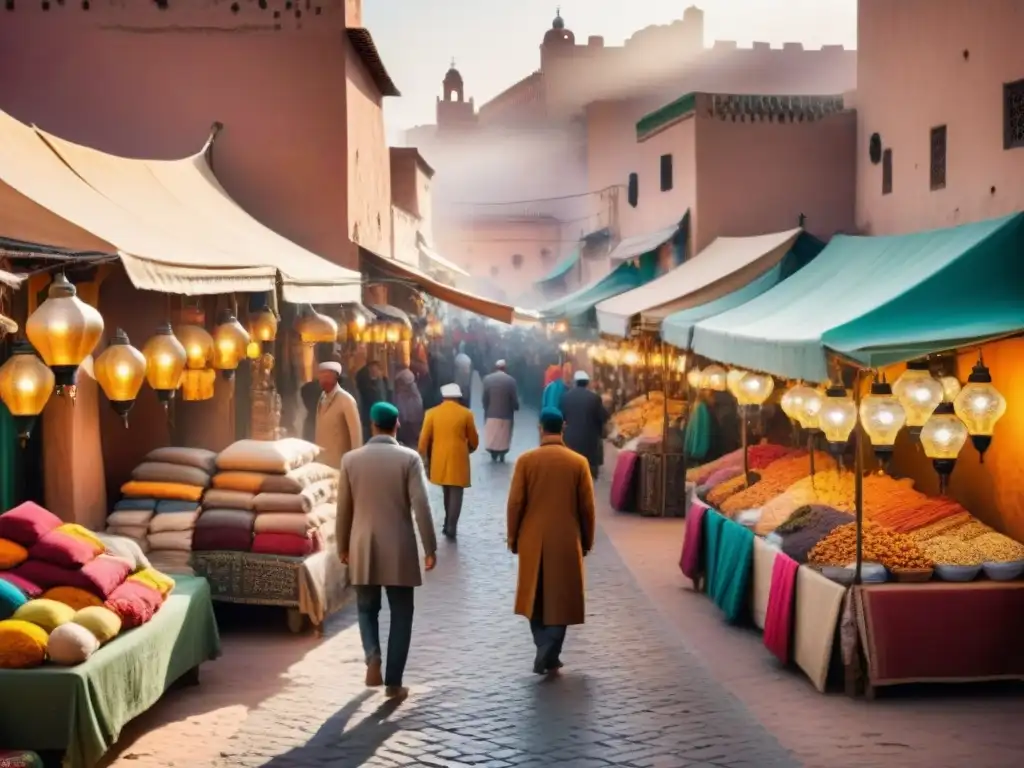 Un mercado vibrante en Marrakech con vendedores y artesanías bajo faroles marroquíes