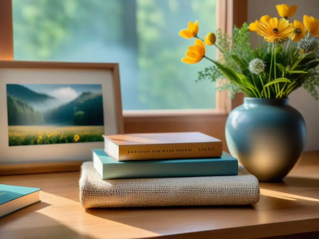 Una mesa artesanal de madera con acabados naturales para decoración sostenible, iluminada por la suave luz del sol