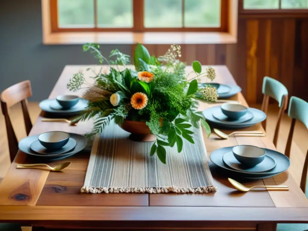 Una mesa de comedor de madera recuperada para un hogar sostenible, con detalles cálidos y patrones intrincados