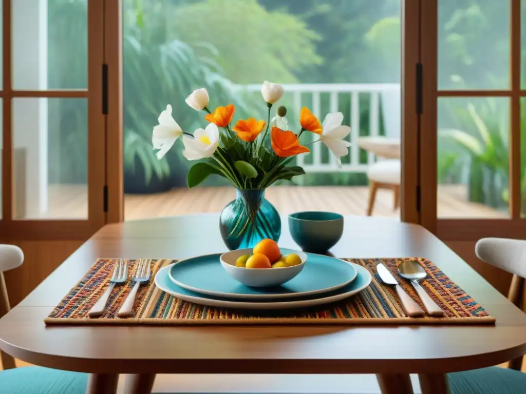 Una mesa de comedor de madera tallada con detalles artesanales y acabado natural, rodeada de elementos coloridos en una atmósfera cálida y acogedora