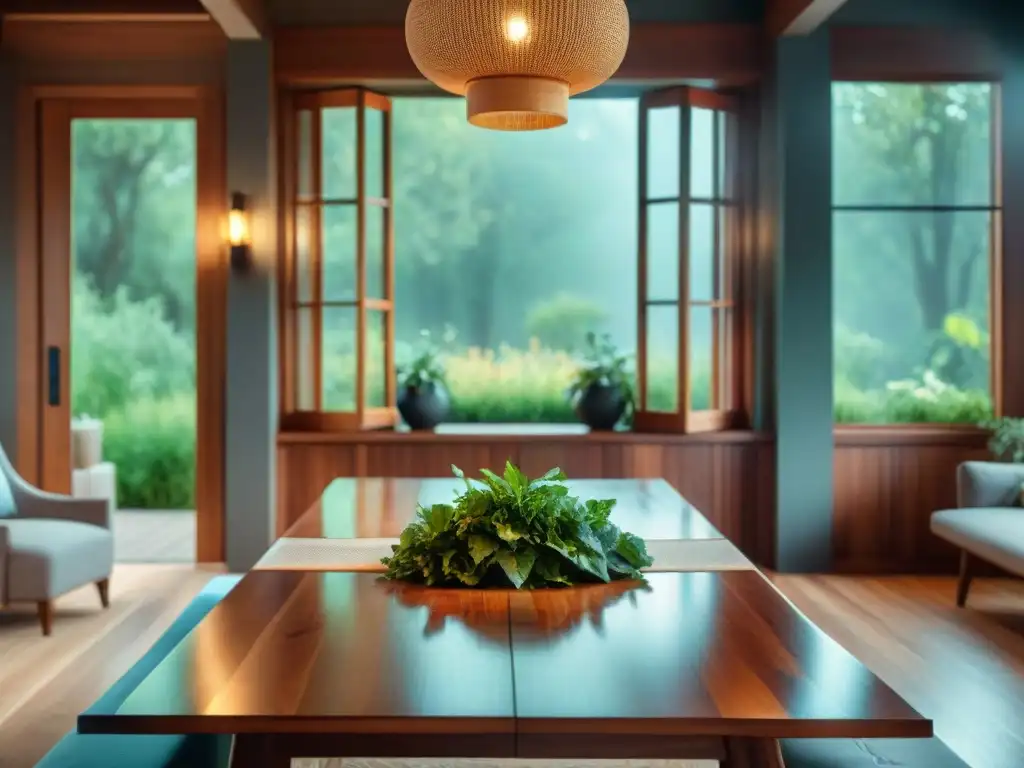 Una mesa comedor sostenible y ecoamigable, rodeada de personas diversas disfrutando de una comida en un ambiente acogedor y lleno de luz natural