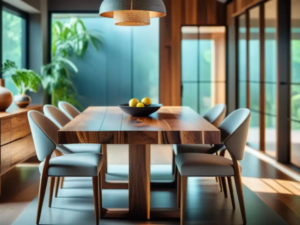 Una mesa elegante de madera recuperada para hogar sostenible, rodeada de sillas modernas en un comedor decorado con gusto y luz natural