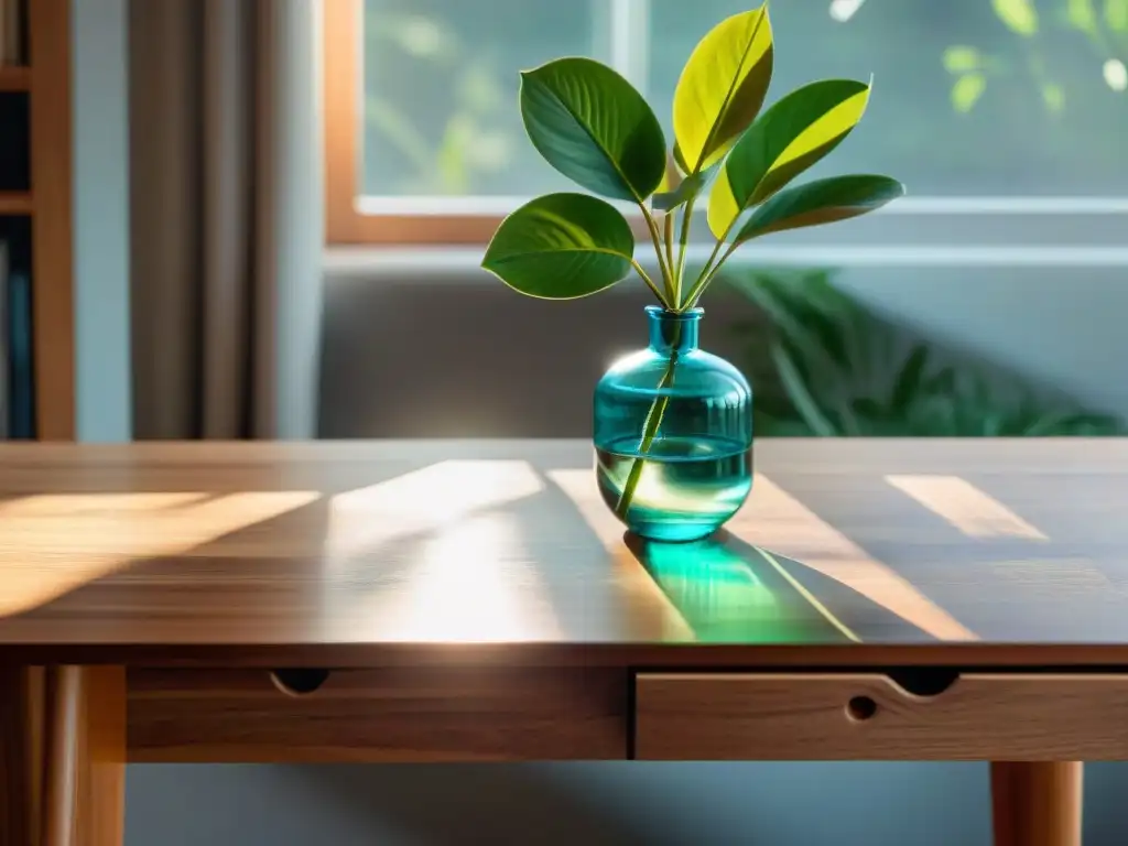 Mesa de madera artesanal con diseño ecológico minimiza huella, iluminada por el sol con plantas y libros reciclados