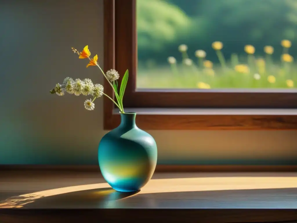 Decoración ecológica con WabiSabi: mesa de madera envejecida con flor seca en jarrón cerámico, iluminada por luz suave