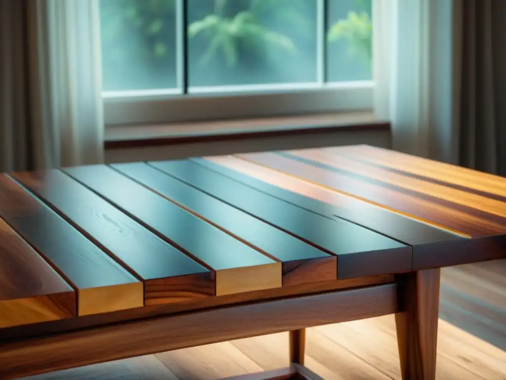 Mesa de madera reciclada con detalles intrincados, iluminada por luz natural