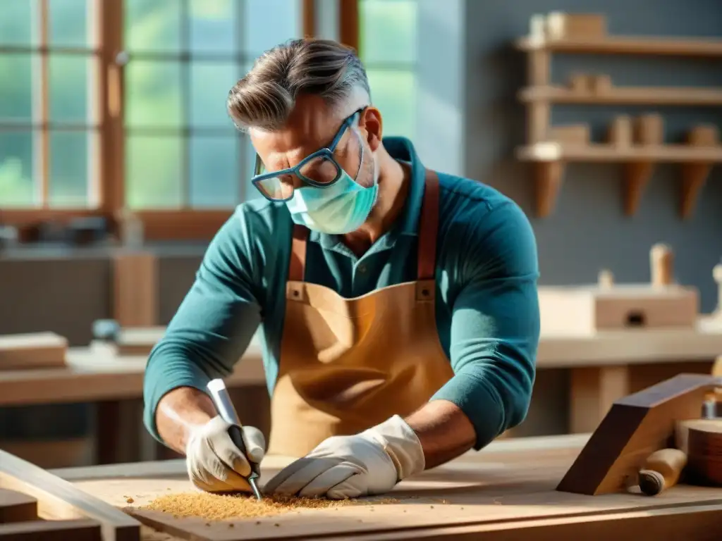 Carpintero creando mesa de madera en taller soleado