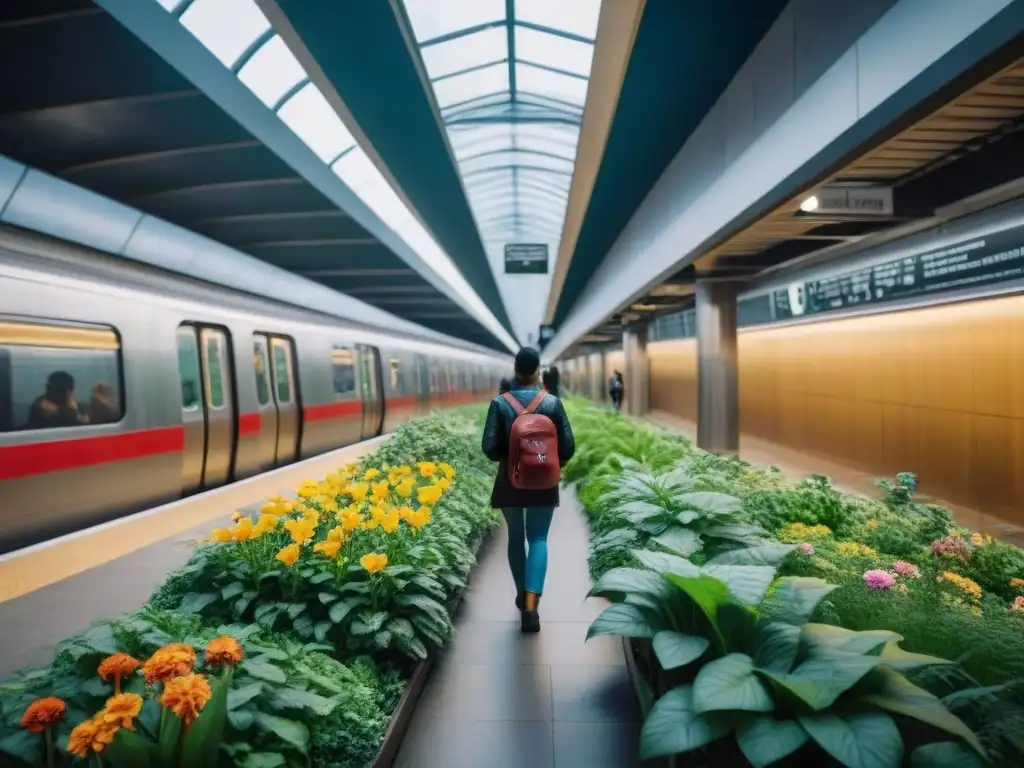 Estación de metro urbana convertida en un oasis de jungla con plantas verdes exuberantes