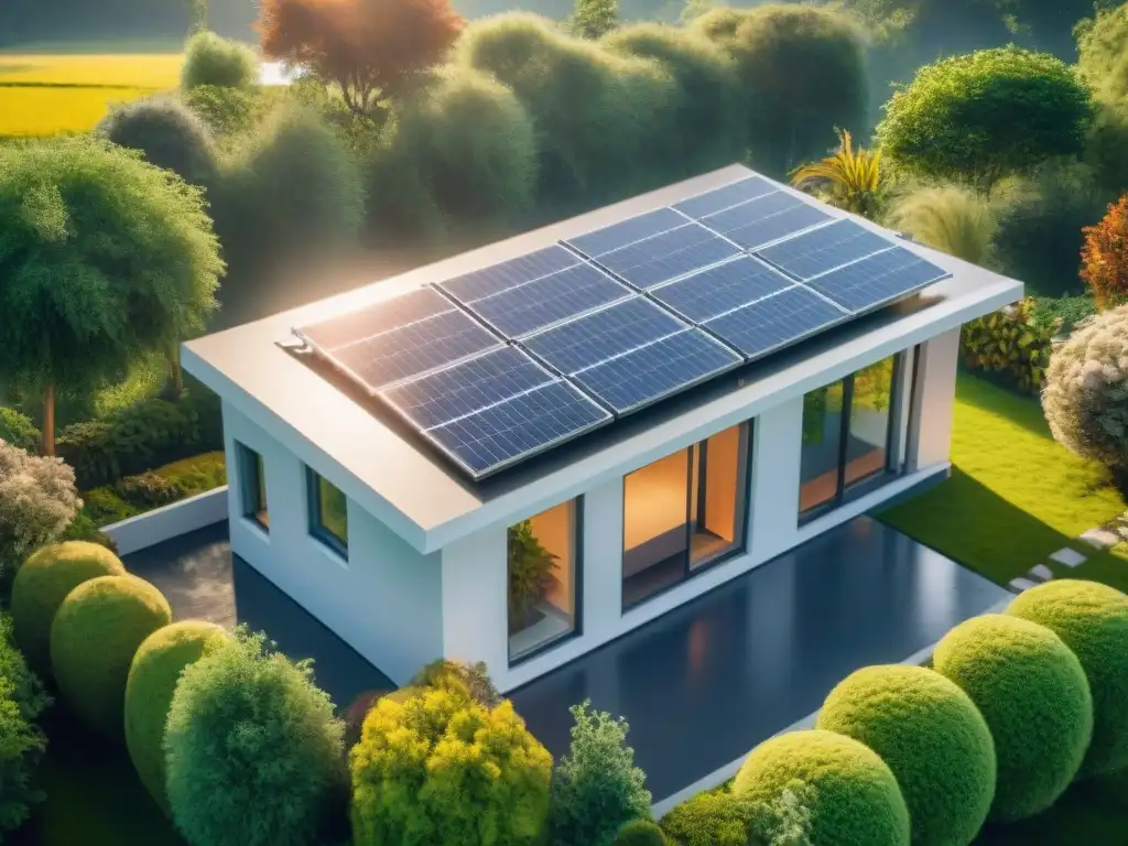 Hogar sustentable: energía solar y naturaleza en armonía Moderna casa ecoamigable con paneles solares, electrodomésticos eficientes y paisaje sostenible