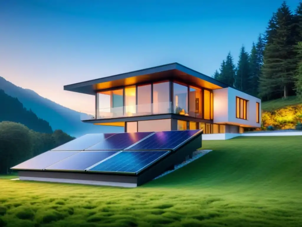 Moderna casa pasiva con paneles solares y diseño sostenible en paisaje verde