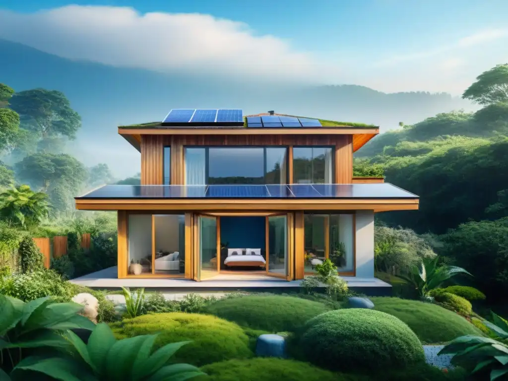 Moderna casa ecológica con certificaciones eficiencia energética y armonía con la naturaleza