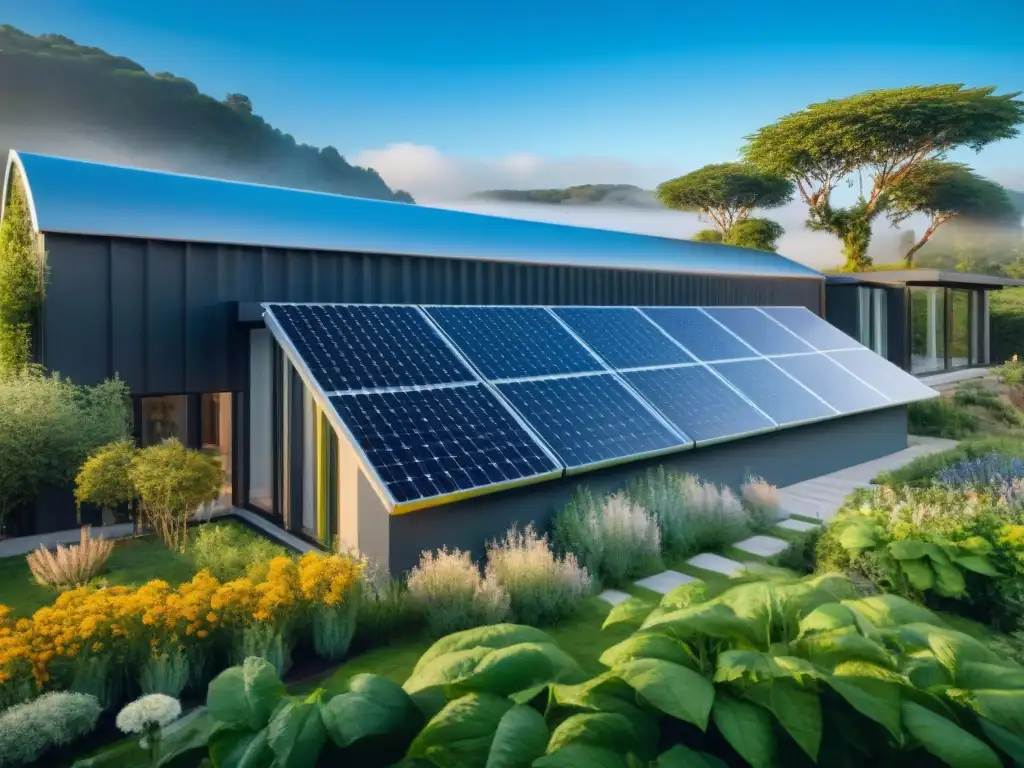 Moderna fortaleza hogar cambio climático con energía solar, jardín verde y tecnología eco