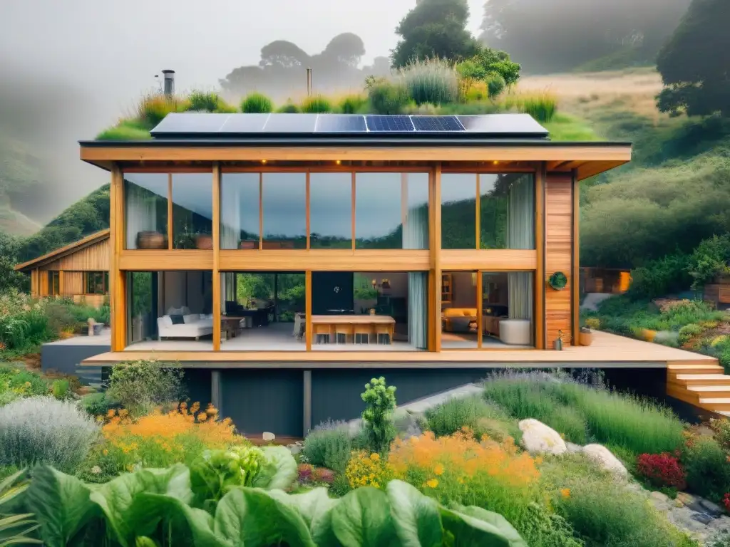 Moderna casa ecológica con materiales reciclados, diseño sostenible y armonía con la naturaleza