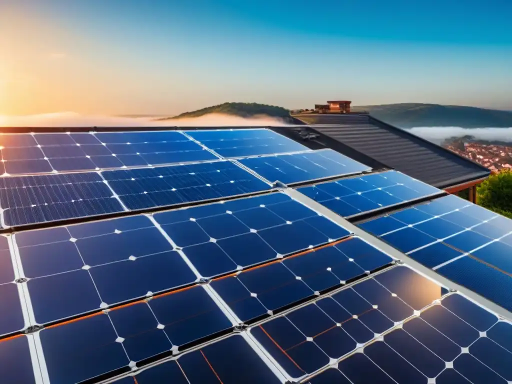 Instalación moderna de paneles solares en un edificio residencial, con red detallada reflejando la luz solar y cielo azul