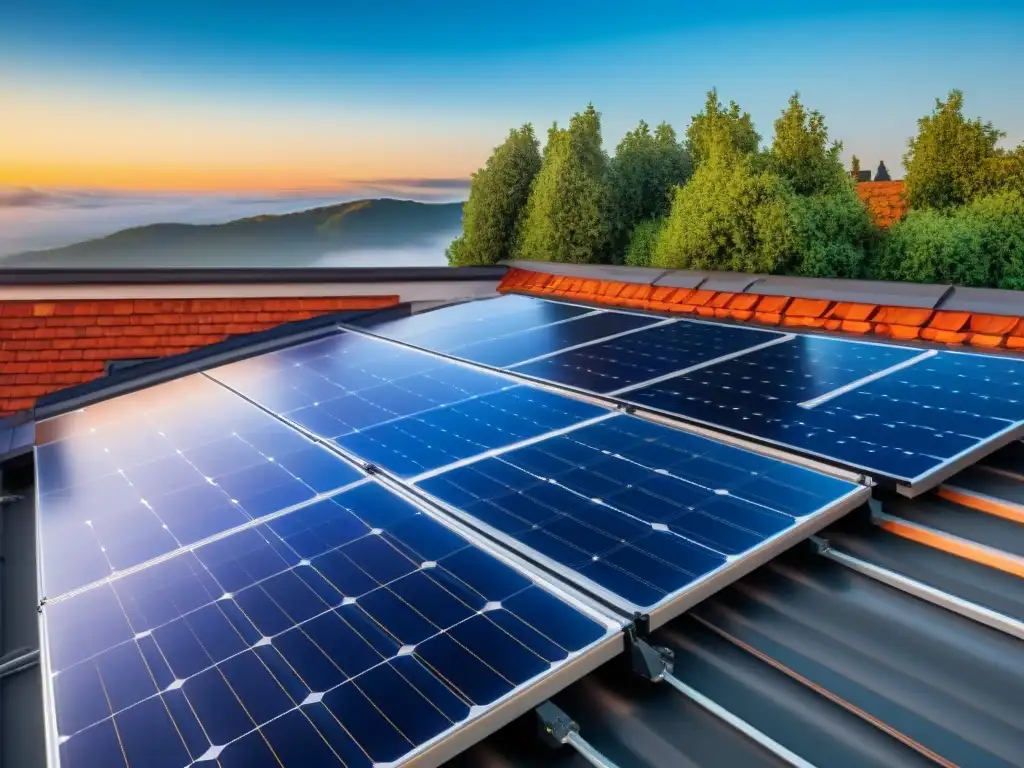 Instalación moderna de paneles solares en un hogar suburbano, reflejando la luz del sol en un cielo azul