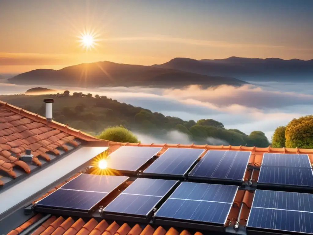 Instalación moderna de paneles solares en tejado, bañados por la luz del sol