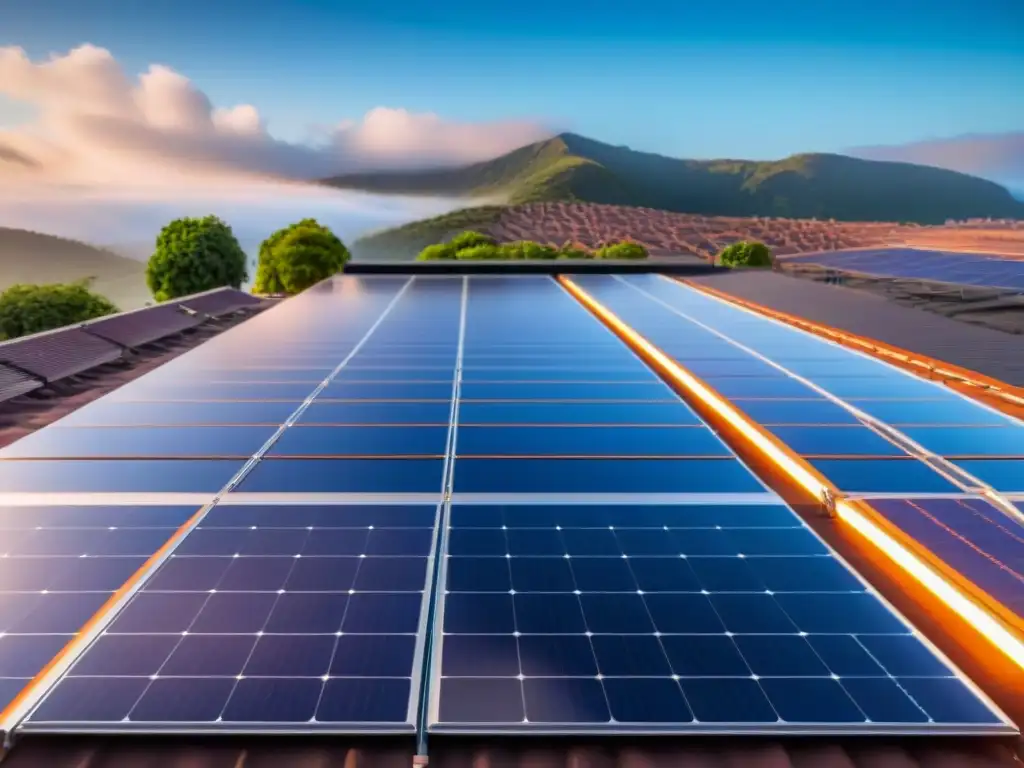 Instalación moderna de paneles solares en tejado, reflejando la luz del sol en un cielo azul