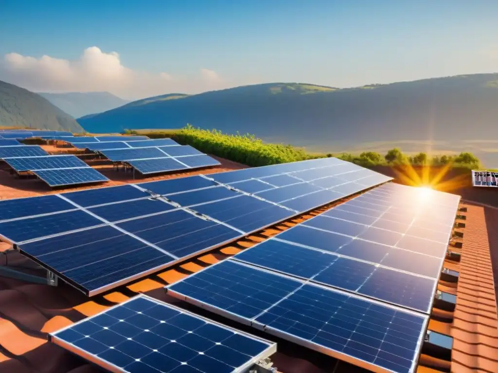 Instalación moderna de paneles solares en tejado, con sol brillante y cielo azul