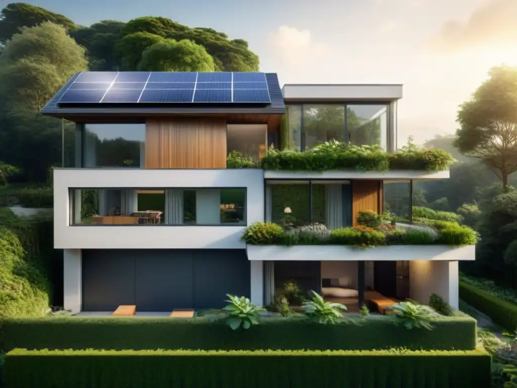 La casa ecológica moderna con paneles solares y jardín vertical simboliza la innovación arquitectónica