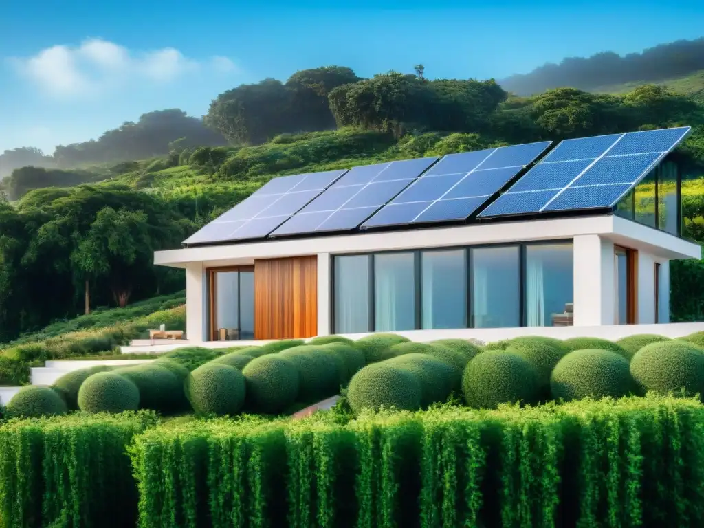 Casa ecológica moderna rodeada de vegetación exuberante y paneles solares, muestra beneficios viviendas ecológicas diseño