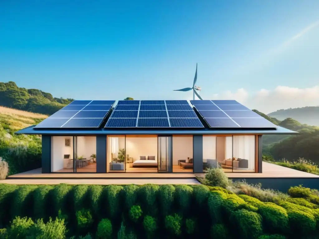 Casa ecológica moderna rodeada de vegetación, paneles solares, jardín y turbinas eólicas