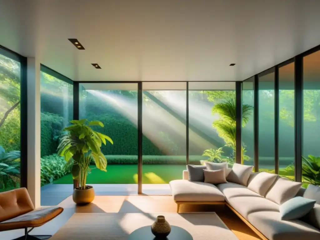 Moderna casa sostenible con amplias ventanas y claraboyas, rodeada de vegetación exuberante y luz natural, mostrando los beneficios de la ventilación natural en un espacio habitable bellamente diseñado