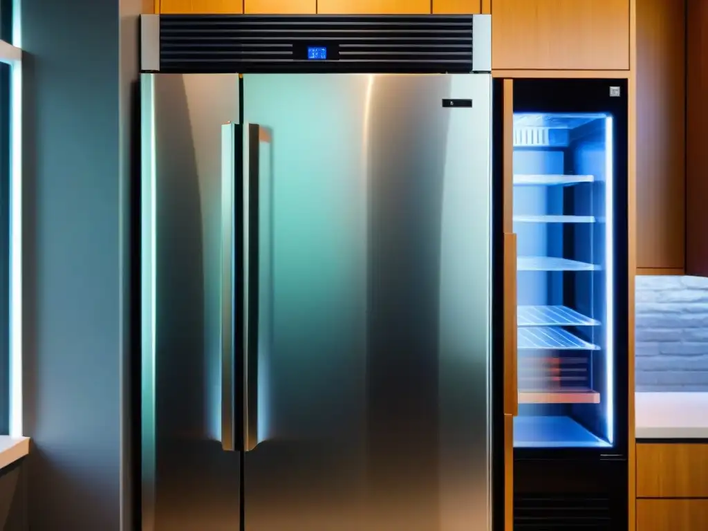 Un moderno refrigerador ecológico en una cocina contemporánea, resaltando sus funciones de eficiencia energética