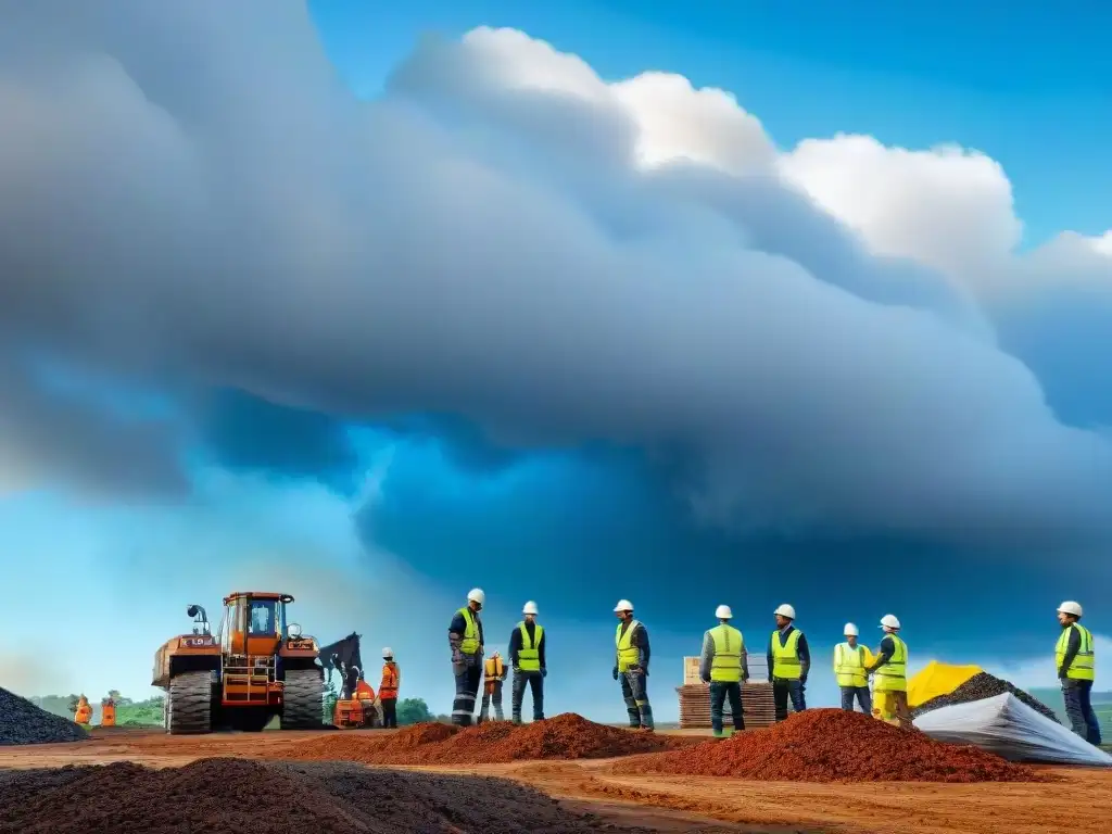 Construcción modular sostenible: equipo diverso ensambla módulos ecológicos bajo cielo azul