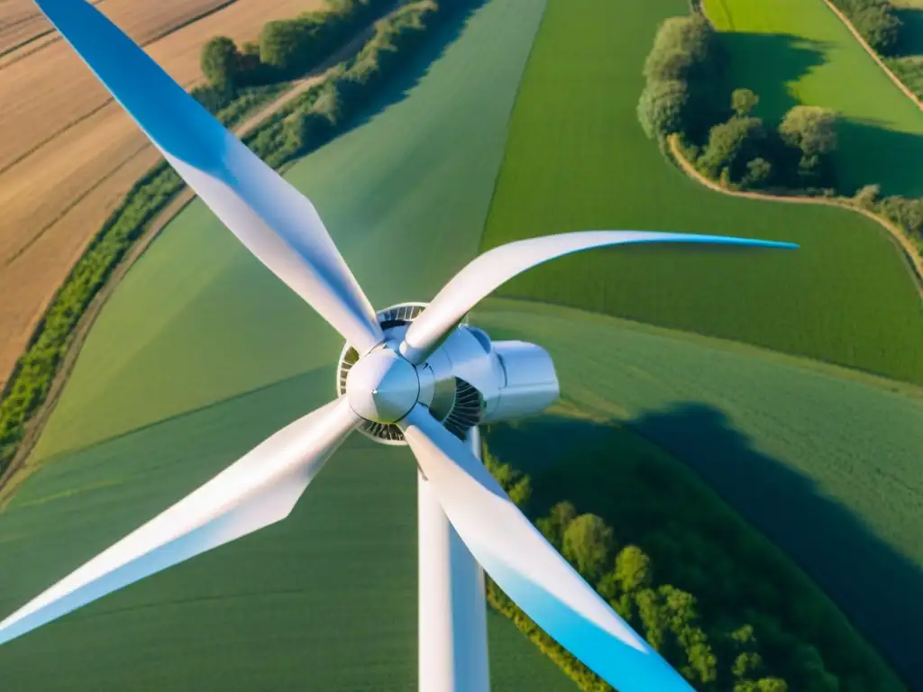 Un molino de viento moderno y elegante se alza sobre un paisaje verde, con las aspas girando bajo el cielo azul