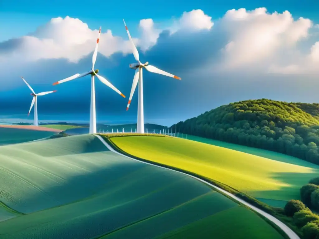 Un molino de viento moderno y elegante en un campo verde bajo un cielo azul