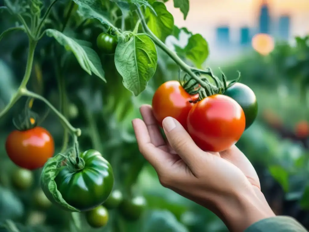 Un momento mágico en un jardín urbano: manos cosechando tomates rojos vibrantes, resaltando la dedicación al cultivar alimentos en espacios urbanos