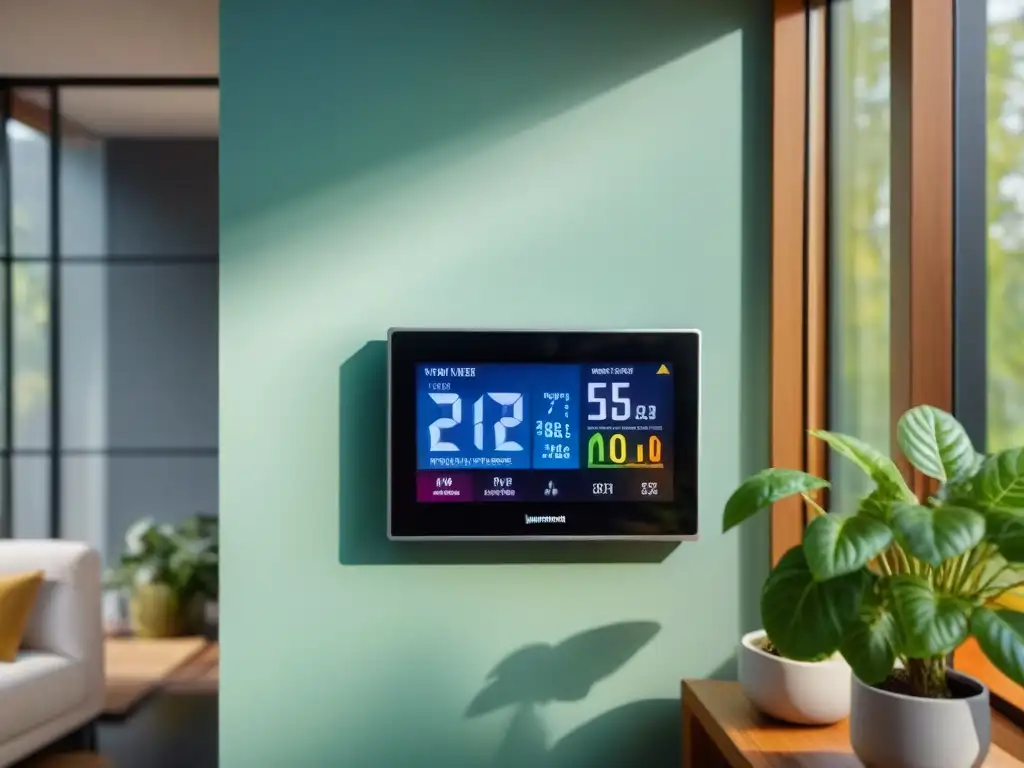 Monitor de consumo energético en hogar sostenible con datos en tiempo real y gráficos coloridos