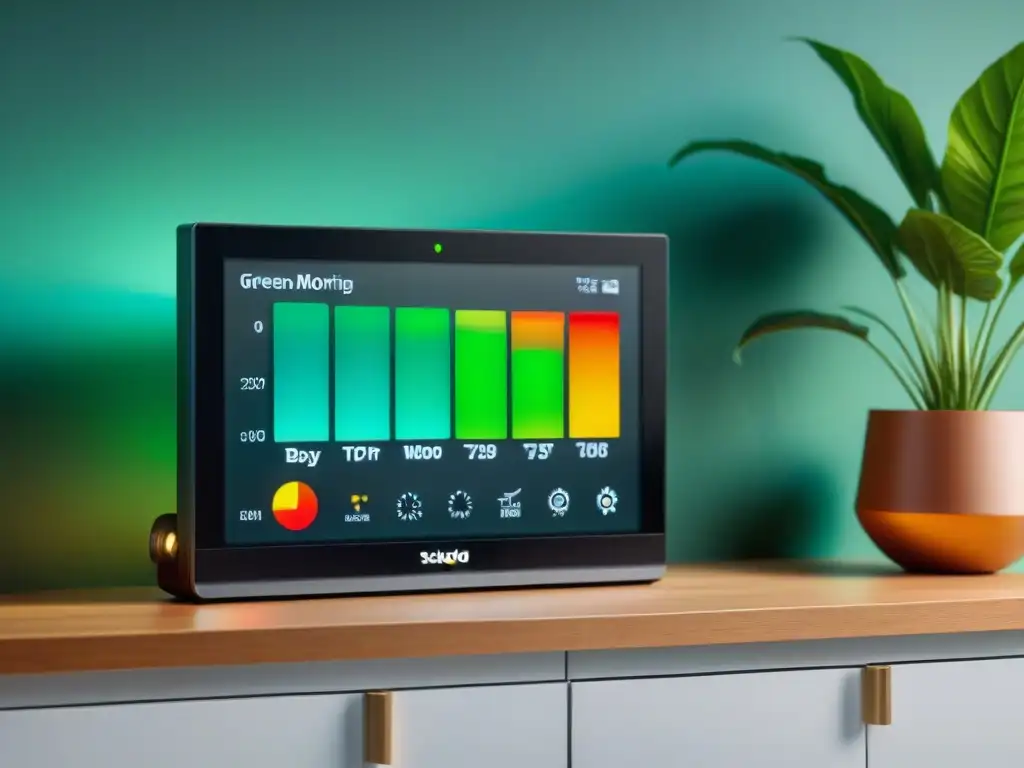 Un monitor de energía moderno en un hogar ecológico, con datos de consumo en tiempo real y elementos sostenibles