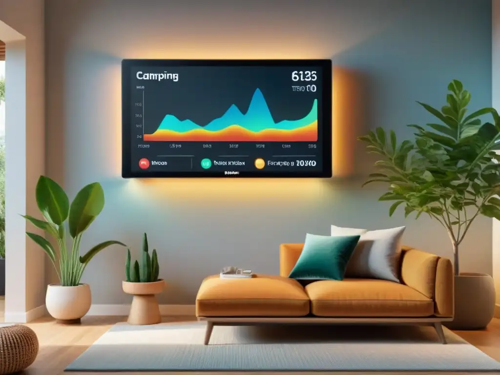 Un monitor de energía moderno en un salón contemporáneo, con datos vibrantes y ambiente sostenible