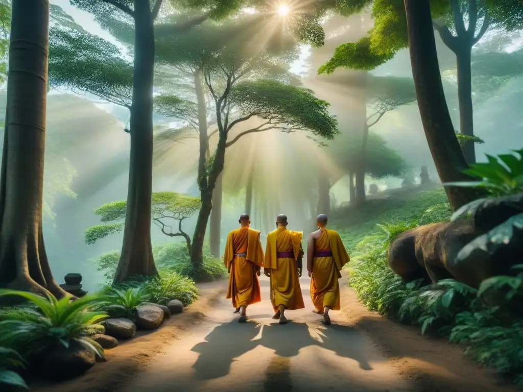 Monjes en meditación: sendero de sabiduría y conexión espiritual Monjes en saffron caminan en silencio por el bosque, rodeados de paz y naturaleza, evocando retiros ecológicos en Asia