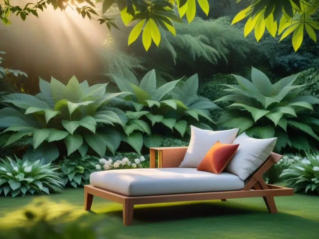 Muebles al aire libre sostenibles en un jardín verde, bañados por la luz del sol poniente y la calma de la naturaleza