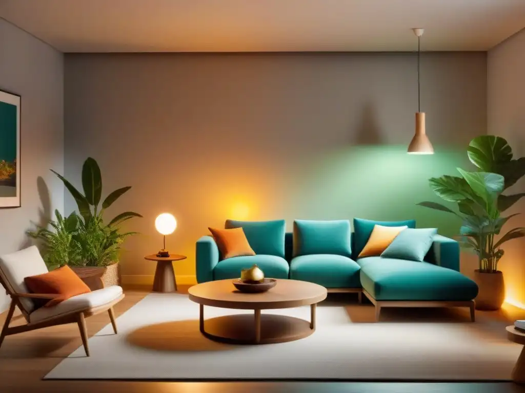 Salón eco con iluminación cálida de Philips Hue, muebles de madera y plantas